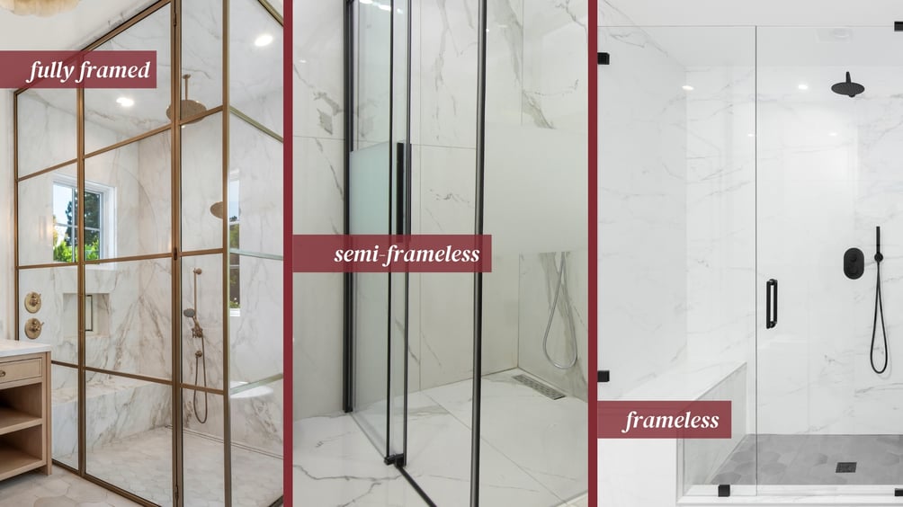 Fully framed, semi-frameless, and frameless glass shower doors side by side. 